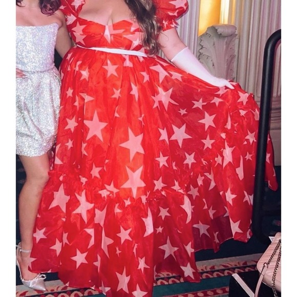 NWT Selkie Red and White Star Ritz Puff Sleeve Organza Maxi Gown Size Small - Picture 5 of 13